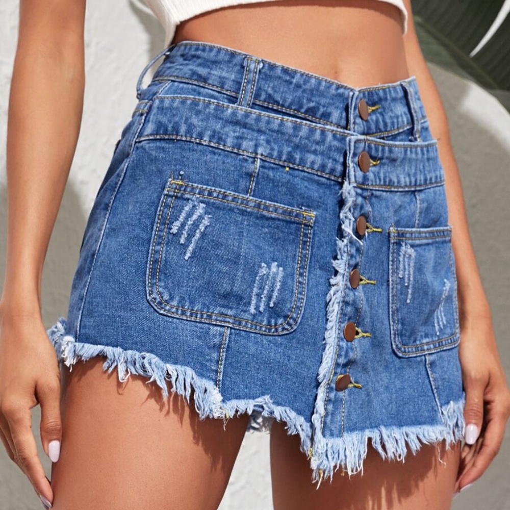 Medium Wash Distressed Frayed Denim Button Skorts - Picture 3 of 5